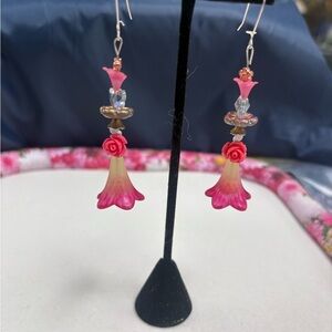 Pink and Gold Floral Earrings with Delicate Design